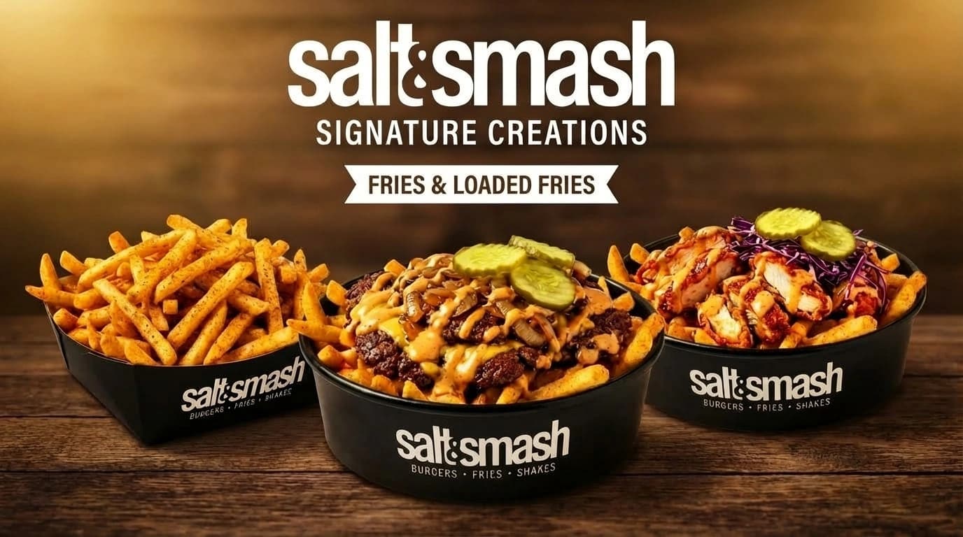 Salt & Smash Fries & Loaded Fries – Gourmet seasoned French fries and bowls topped with beef, melted cheese, and pickles