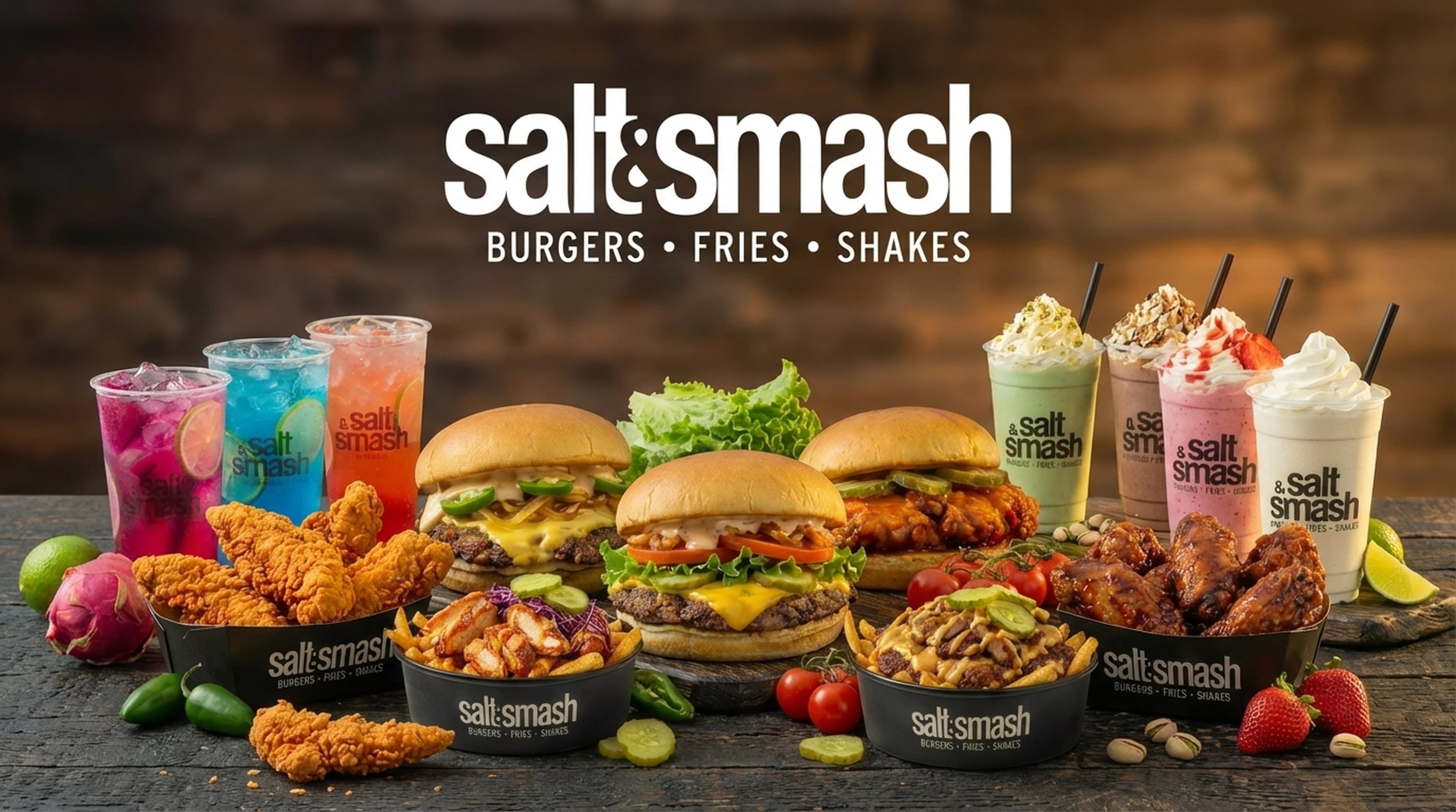 Salt & Smash restaurant menu featuring gourmet smash burgers, chicken wings, loaded fries, and signature milkshakes on a wooden table